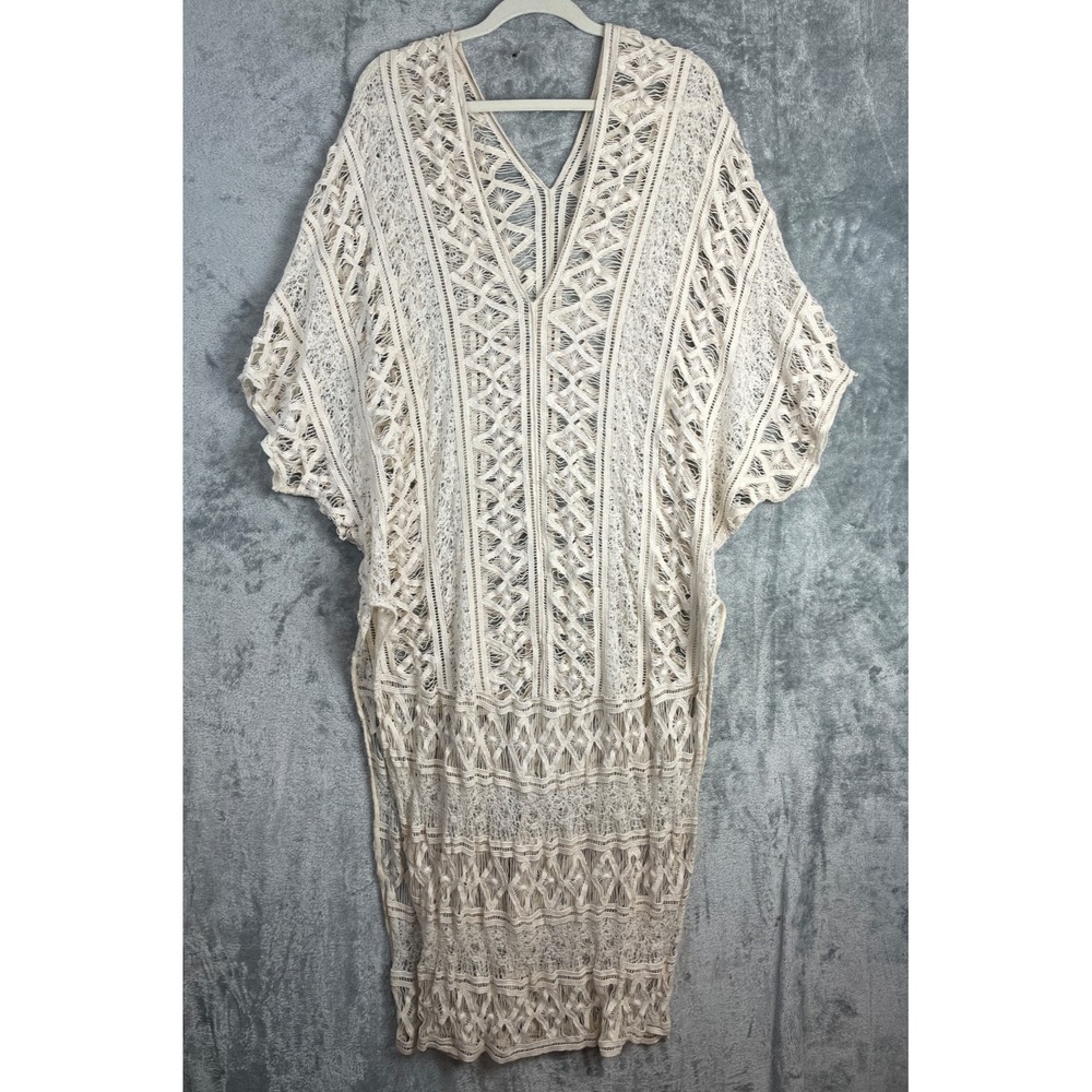 eberjey Crochet Dress Cover Up Women S/M Beige Long Maxi Slits Bohemian Festival